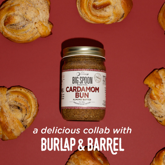 Cardamom Bun Almond Butter surrounded by Cardamom Buns with text overlaid reading "a delicious collab with Burlap & Barrel"
