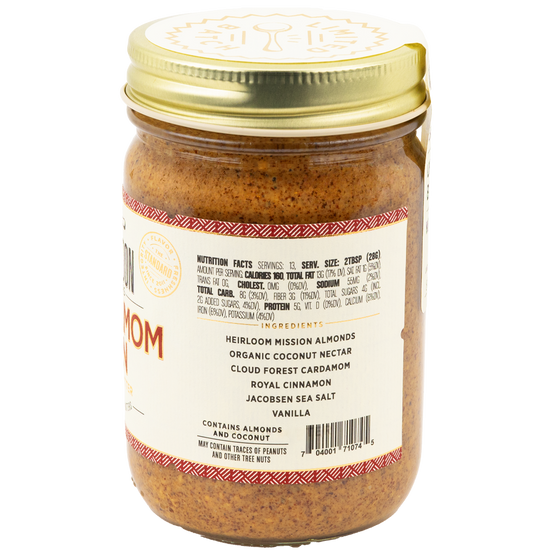 side of a jar of cardamom bun almond butter showing ingredients, barcode, and nutrition facts