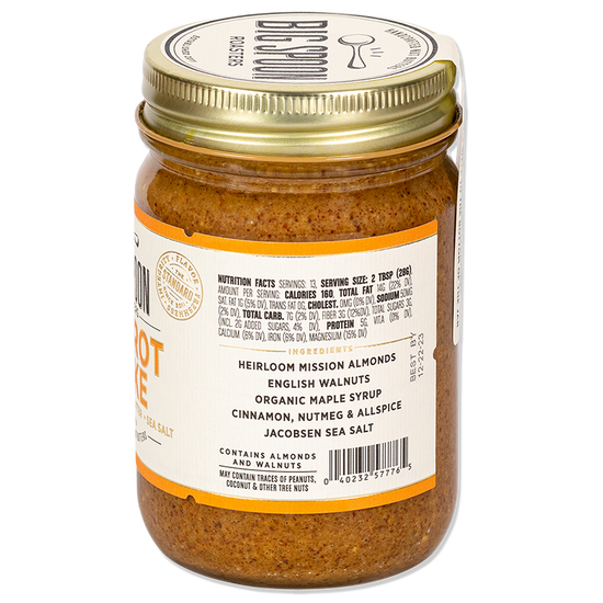 side of Carrot Cake Almond & Walnut Butter jar showing nutrition facts and ingredients