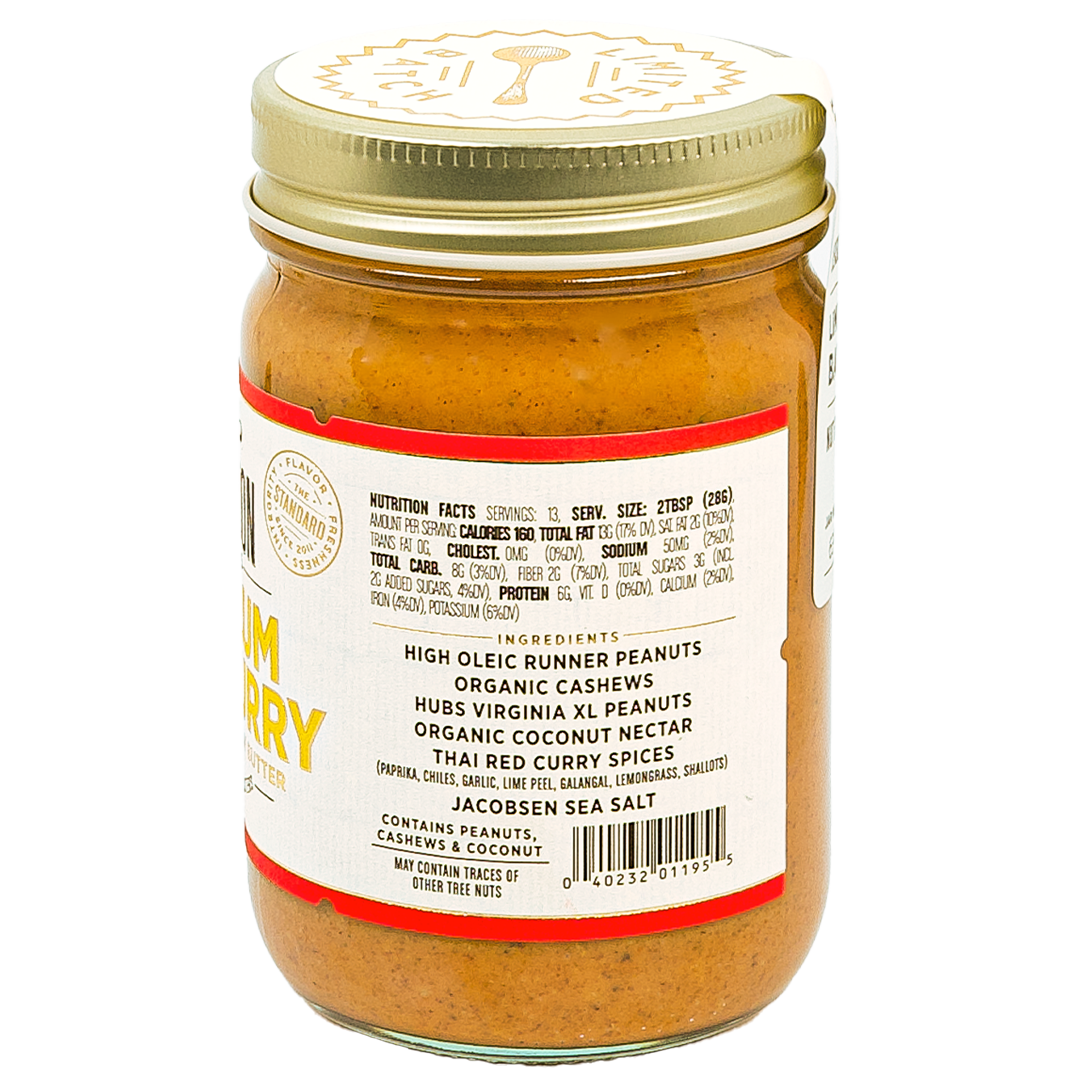 side of jar of Lum Lum Thai Curry Peanut & Cashew Butter showing ingredients and nutrition facts