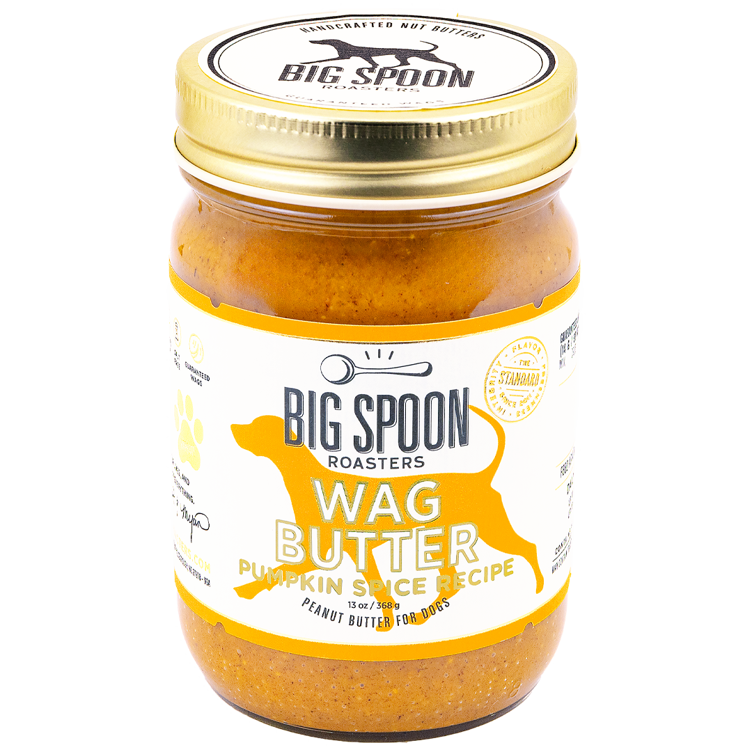 Jar of Big Spoon Roasters Wag Butter pumpkin spice recipe peanut butter for dogs on a white background