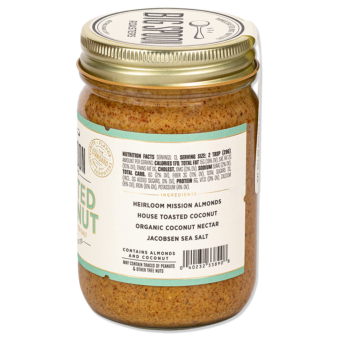 side of jar of Toasted Coconut Almond Butter showing nutrition facts and ingredients
