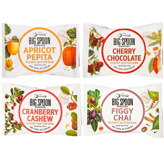 A composite photo of Apricot Pepita, Cherry Chocolate, Cranberry Cashew, and Figgy Chai peanut butter bars