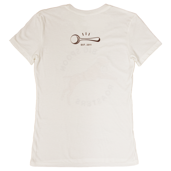 Women's cut Big Spoon Roasters shirt back with shiny spoon saying "est 2011"