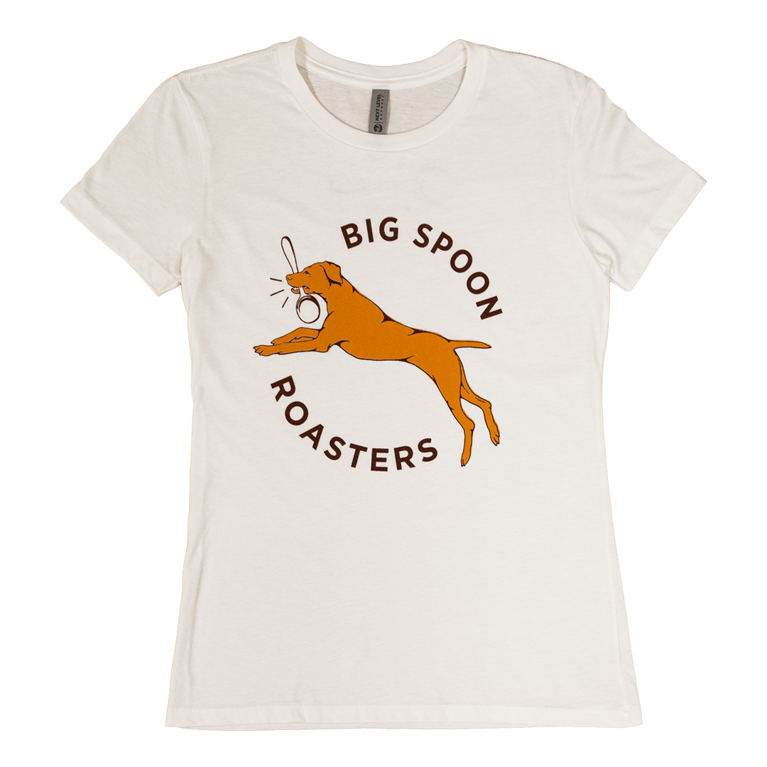 Women's cut Big Spoon Roasters shirt with dog leaping with spoon in mouth