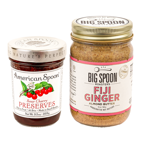 9.5oz jar of American Spoon Sour Cherry Preserves and 13oz jar of Big Spoon Roasters Fiji Ginger Almond Butter