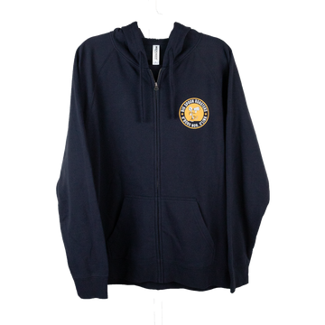 navy zip hoodie with logo emblazoned on front left
