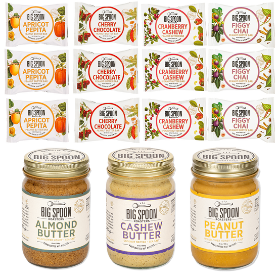 A composite image of 3 bars each of Apricot Pepita, Cherry Chocolate, Cranberry Cashew, and FIggy Chai plus 1 13oz jar each of Almond Butter, Cashew Butter, & Peanut Butter