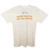 back of beige tee reading "Avoid palm oil, eat big spoon"