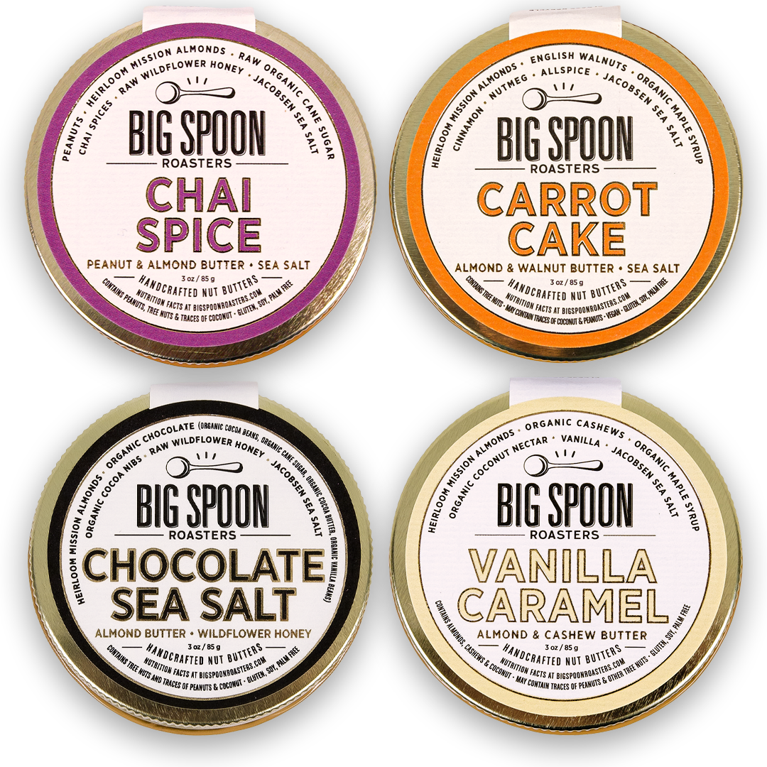 Composite photo of 3oz jar lids labeled Chai Spice, Carrot Cake, Chocolate Sea Salt, Vanilla Caramel