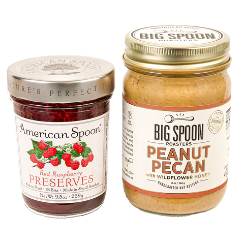 9.5 oz jar of American Spoon Red Raspberry Preserves and 13oz jar of Peanut Pecan