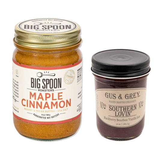 Jar of Maple Cinnamon Peanut & Pecan Butter + Sea Salt with a jar of Gus & Grey Blackberry Bourbon Vanilla Jam