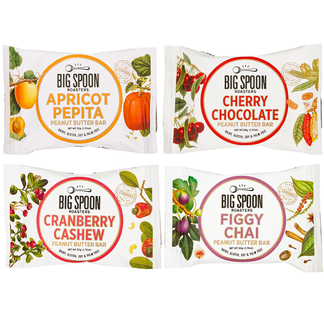 A composite photo of Apricot Pepita, Cherry Chocolate, Cranberry Cashew, and Figgy Chai peanut butter bars