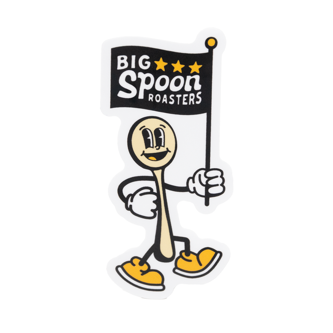 Sticker of a spoon holding a flag reading BIG SPOON ROASTERS