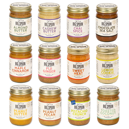 A composite photo of Almond Butter, Cashew Butter, Chai Spice, Chocolate Sea Salt, Maple Cinnamon, Fiji Ginger, Sweet Heat, Lemon Cookie, Peanut Butter, Peanut Pecan, Pistachio Crunch, & Toasted Coconut