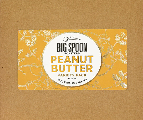 Cardboard box cover with Peanut Butter Variety Pack Label on top, made with a yellow background and gold foil peanut plant art