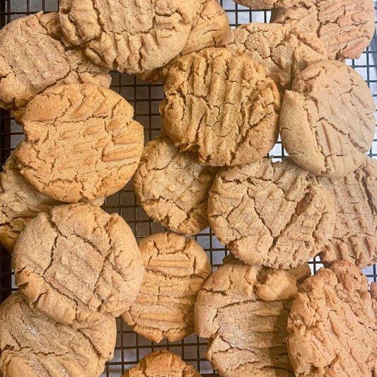 Peanut Butter cookies on a cookie sheet.