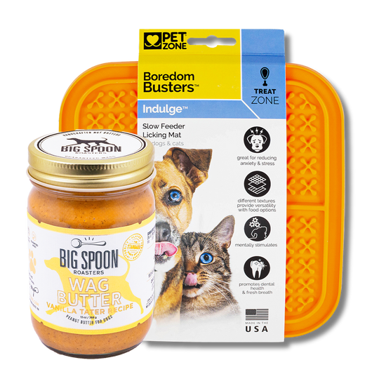 Jar of Vanilla tater Wag Butter and an orange Boredom Busters Lick Mat