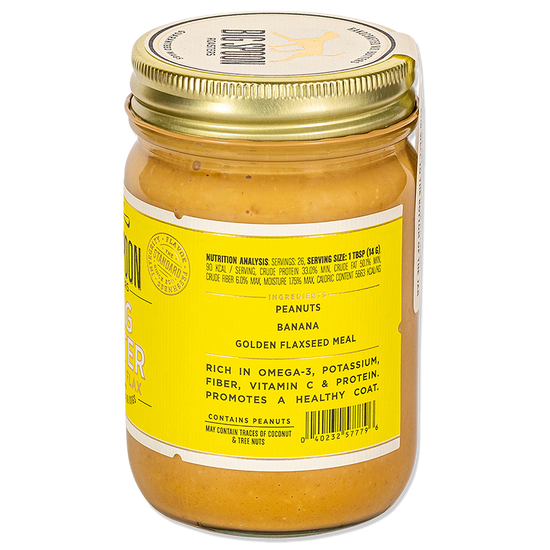 side of Banana Flax Wag Butter jar, showing ingredients and nutrition analysis