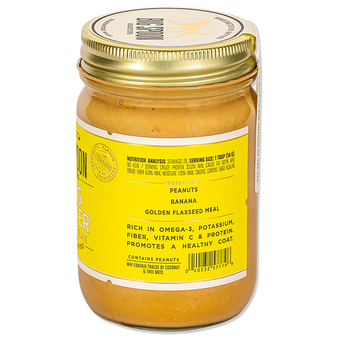 side of Banana Flax Wag Butter jar, showing ingredients and nutrition analysis