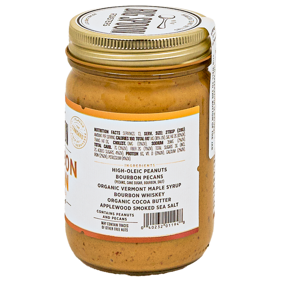 side of jar of Bourbon Pecan Peanut Butter showing ingredients and nutrition facts