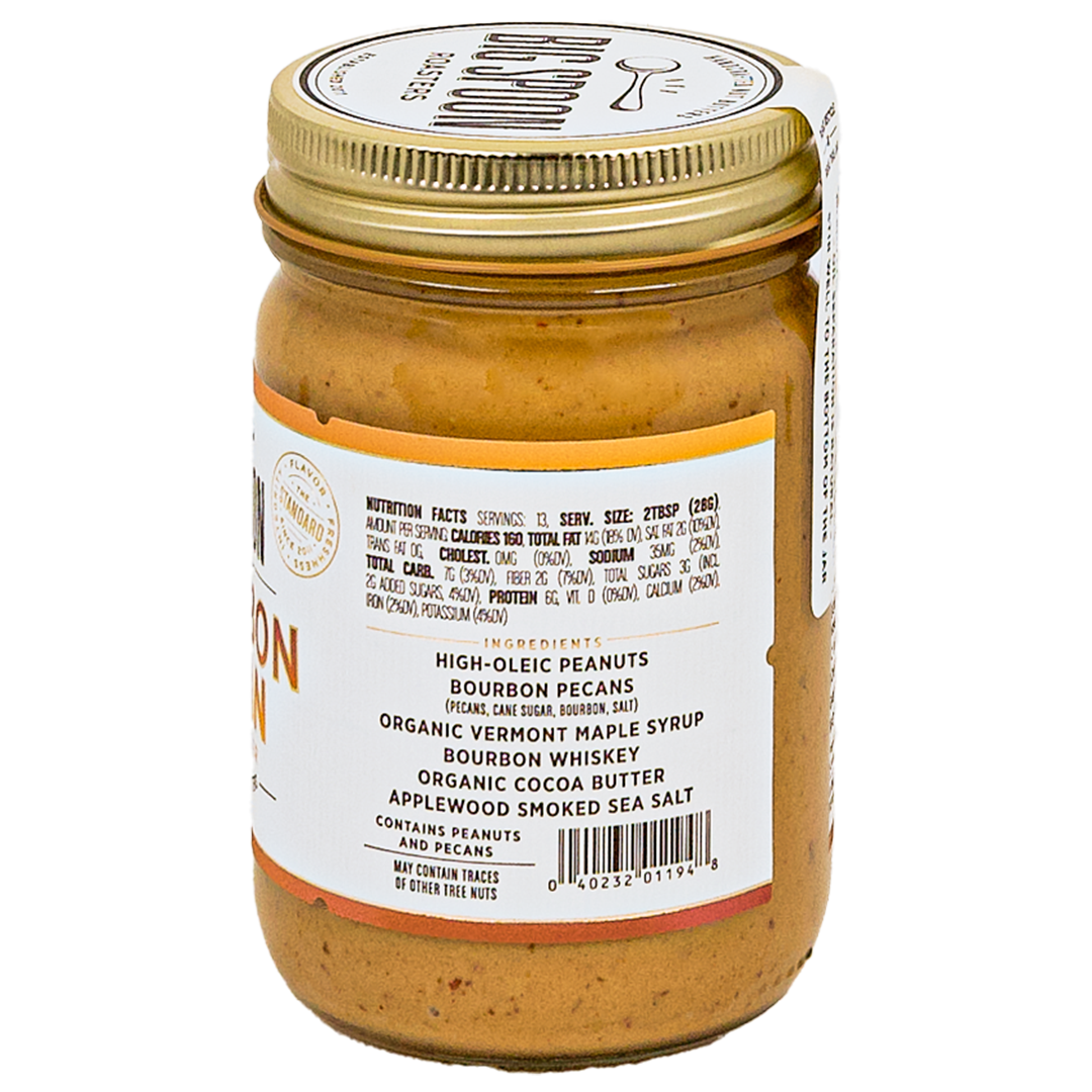 side of jar of Bourbon Pecan Peanut Butter showing ingredients and nutrition facts