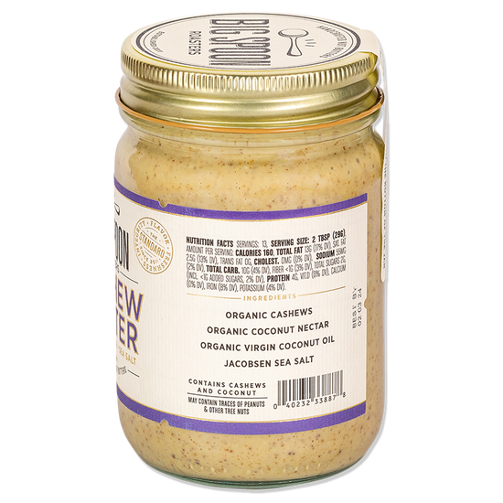 side of jar of Cashew Butter with Coconut Nectar, showing ingredients and nutrition facts