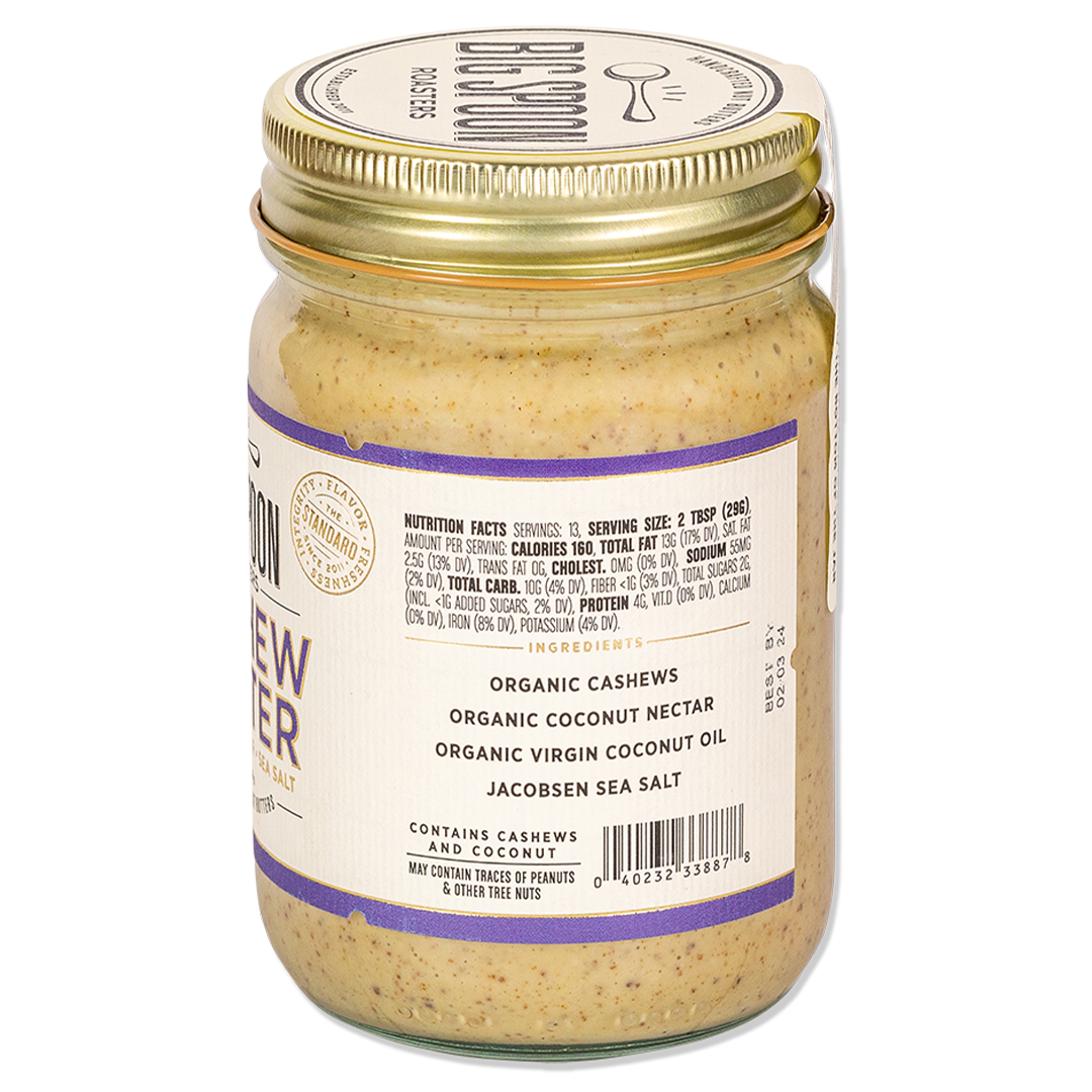 side of jar of Cashew Butter with Coconut Nectar, showing ingredients and nutrition facts