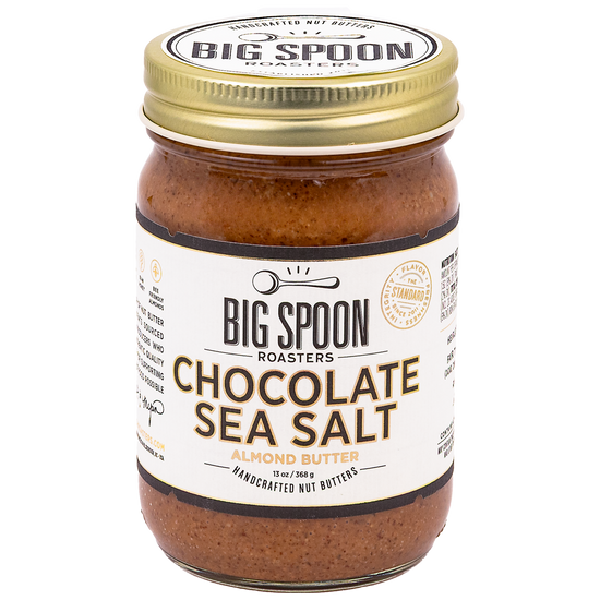 Jar of Big Spoon Roasters Chocolate Sea Salt Almond Butter on a white background