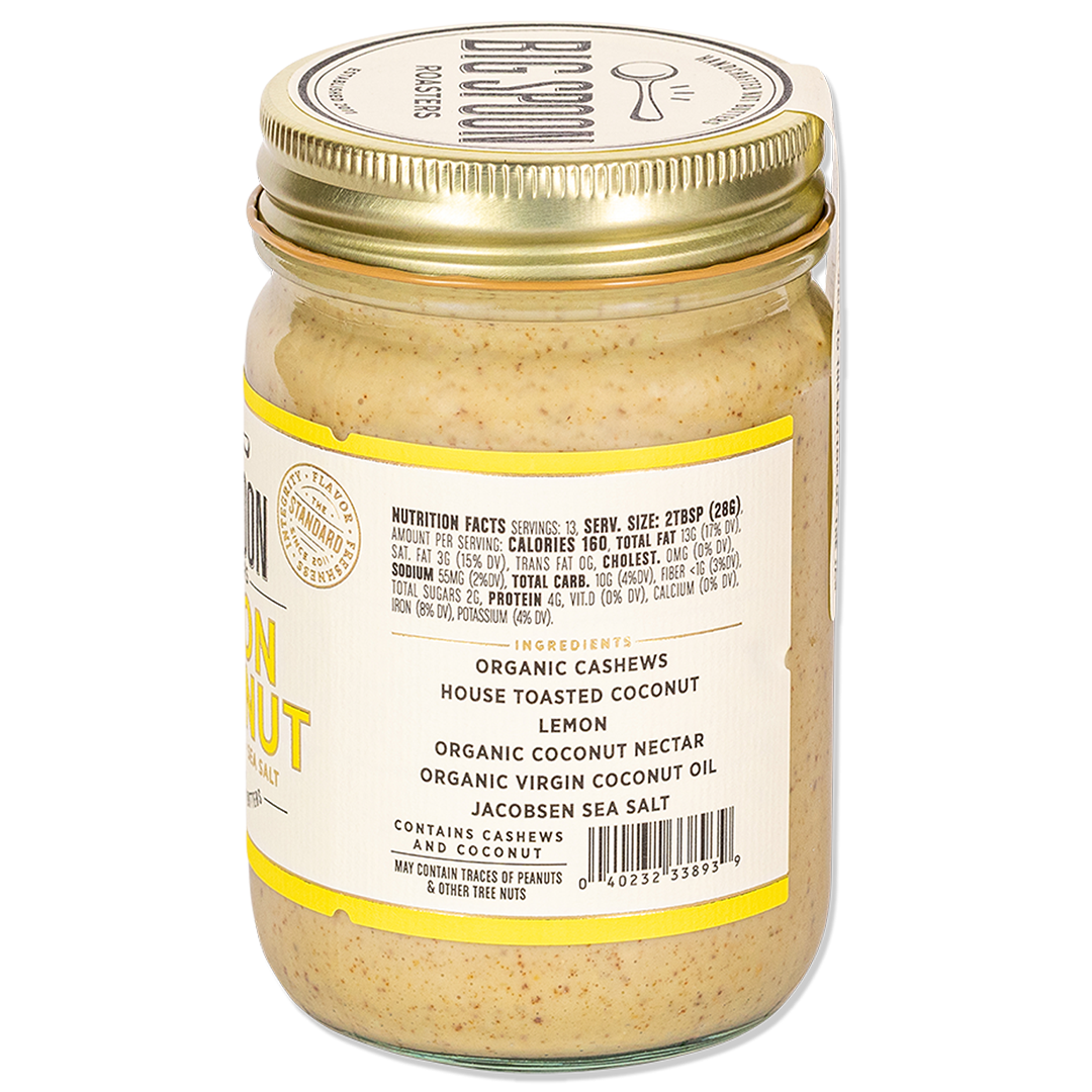 side of jar of Lemon Cookie Cashew & Coconut Butter showing nutrition facts and ingredients