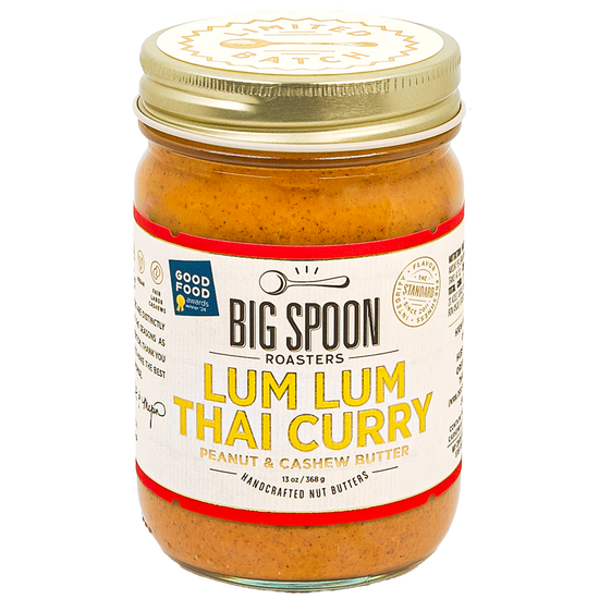 front of 13oz jar of Lum Lum Thai Curry Peanut & Cashew Butter