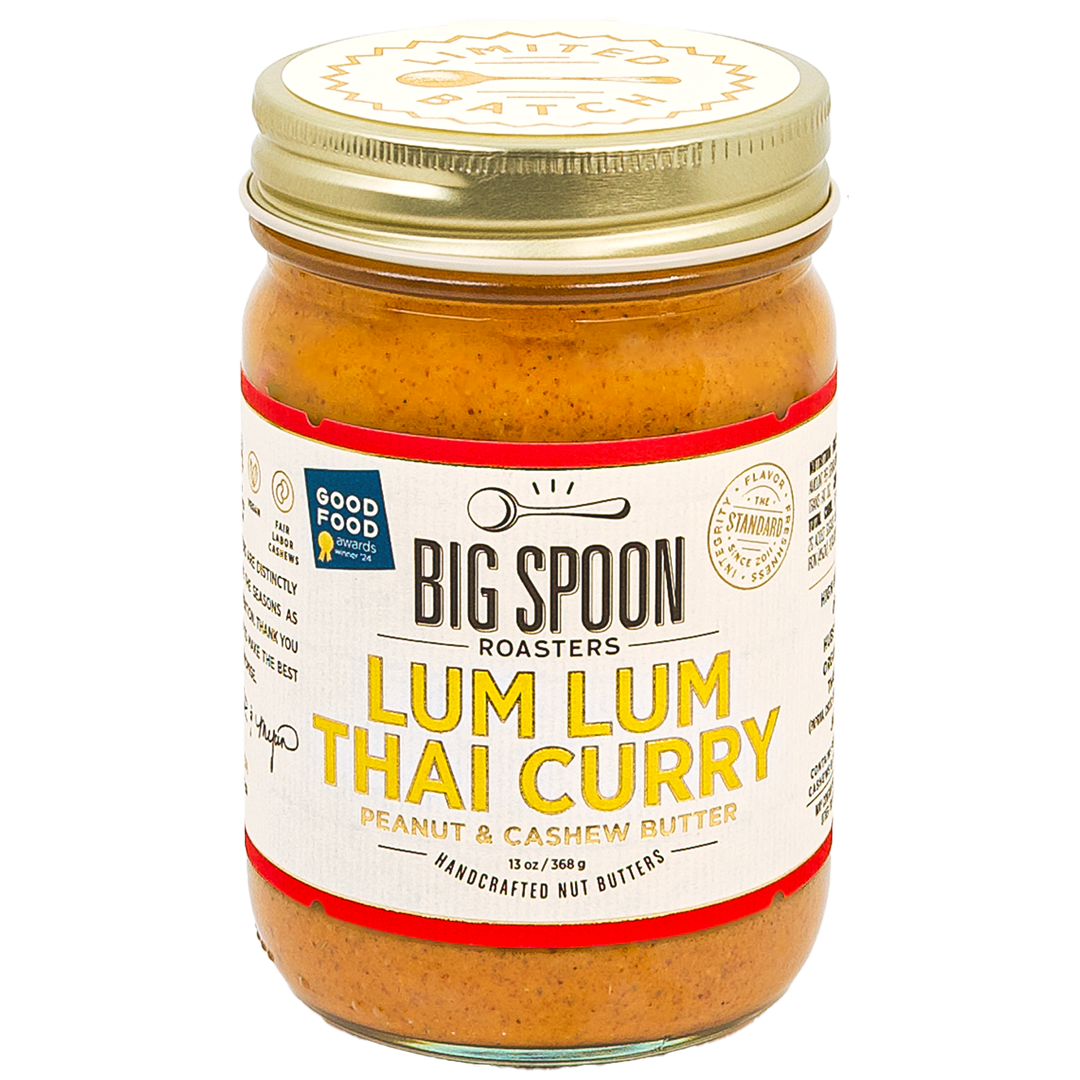 front of 13oz jar of Lum Lum Thai Curry Peanut & Cashew Butter