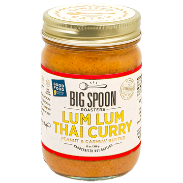 front of 13oz jar of Lum Lum Thai Curry Peanut & Cashew Butter