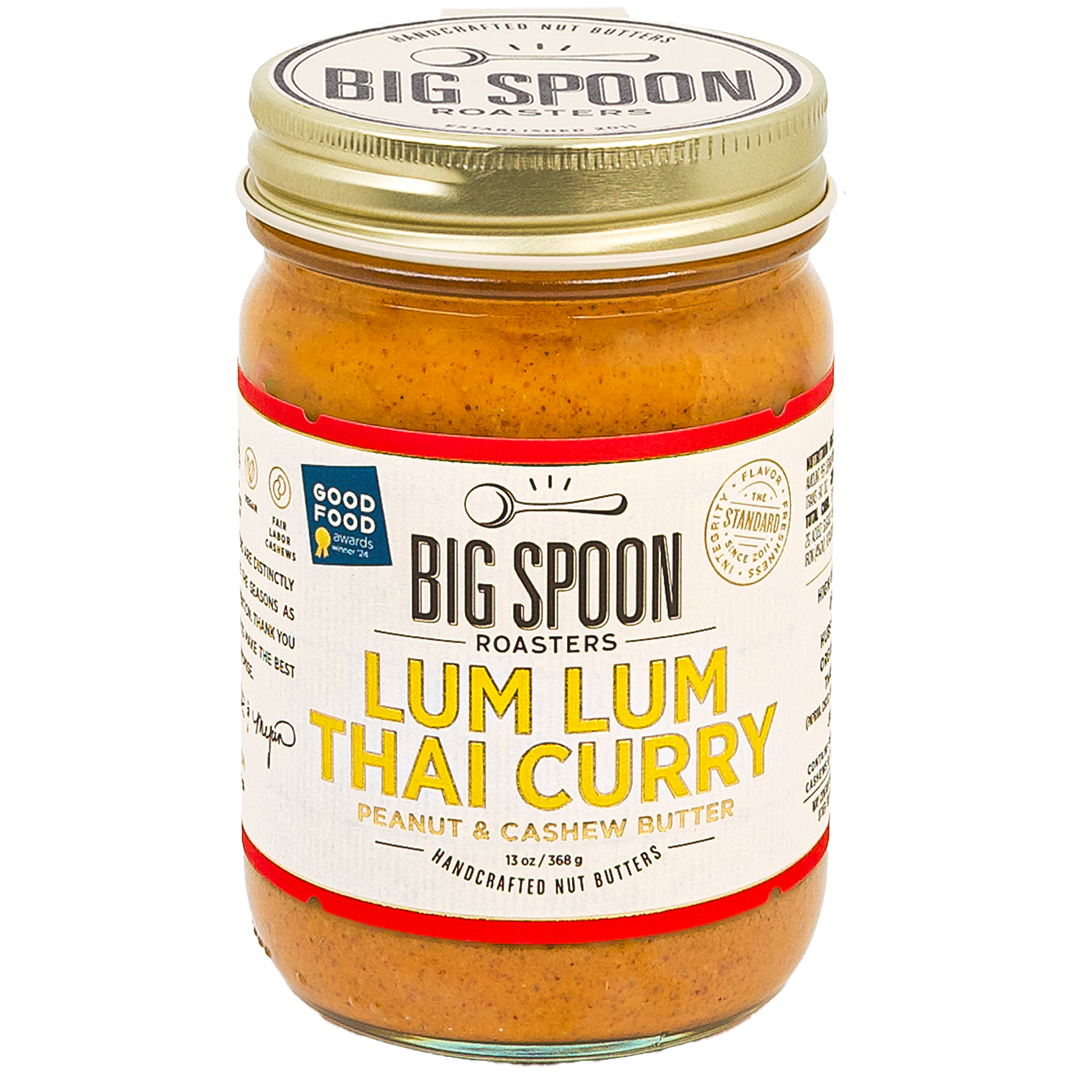 front of the jar of Lum Lum Thai Curry Peanut & Cashew Butter