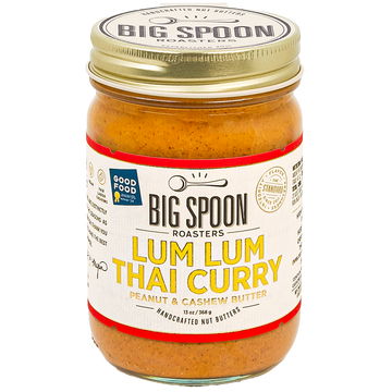 front of the jar of Lum Lum Thai Curry Peanut & Cashew Butter