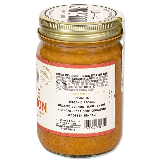 side of jar of Maple Cinnamon Peanut & Pecan Butter showing nutrition facts and ingredients