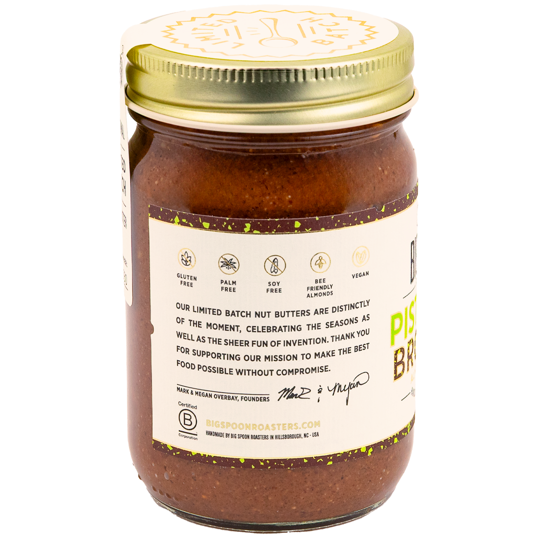 Jar of Pistachio Brownie Almond Butter showing value props and a short blurb about Big Spoon Roasters
