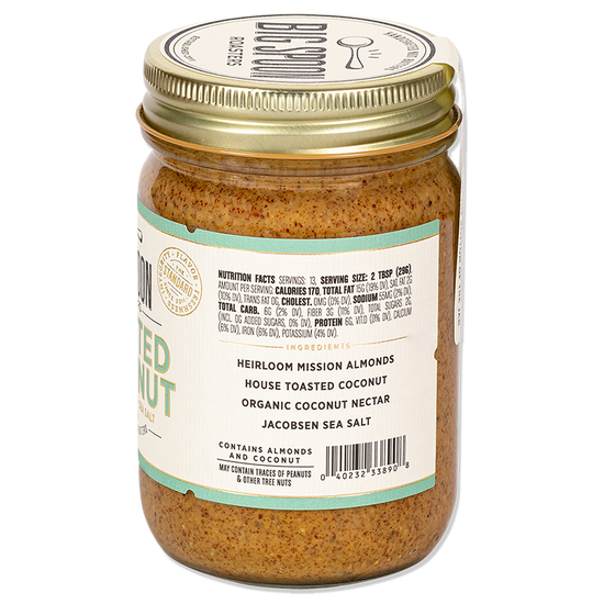 side of jar of Toasted Coconut Almond Butter showing nutrition facts and ingredients