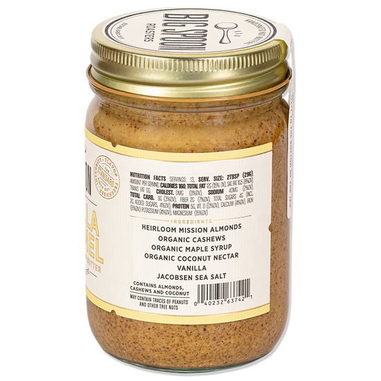 side of jar of Vanilla Caramel Almond & Cashew Butter showing nutrition facts and ingredients