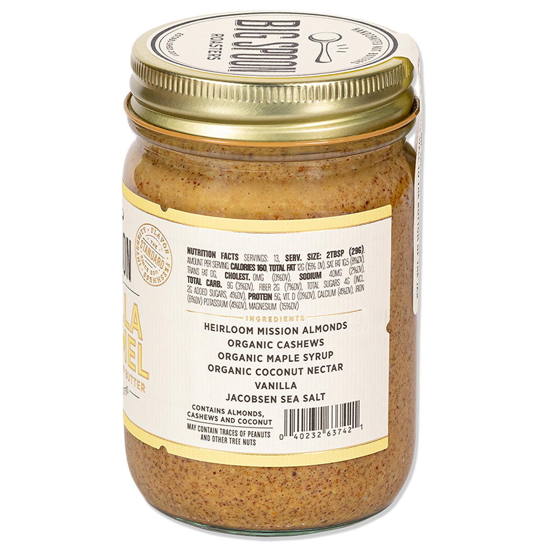 side of jar of Vanilla Caramel Almond & Cashew Butter showing nutrition facts and ingredients