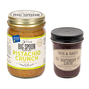 Jar of Pistachio Crunch Almond Butter with jar of Gus & Grey Blackberry Bourbon Vanilla Jam 