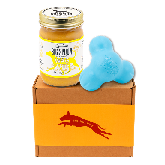 Jar of 'Big Spoon Roasters' Wag Butter on a box with a blue West Paw Tux toy.