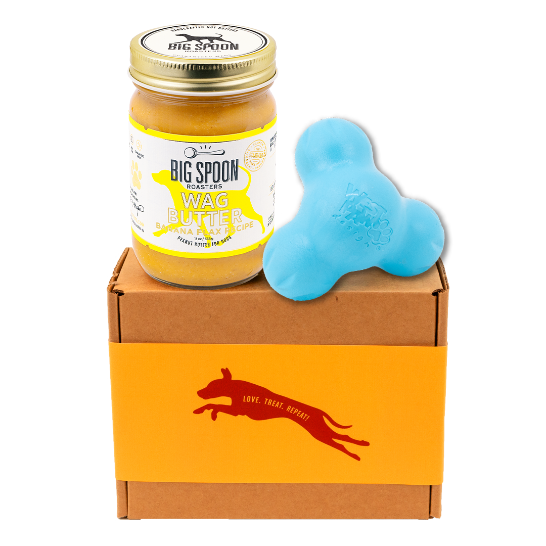 Jar of 'Big Spoon Roasters' Wag Butter on a box with a blue West Paw Tux toy.