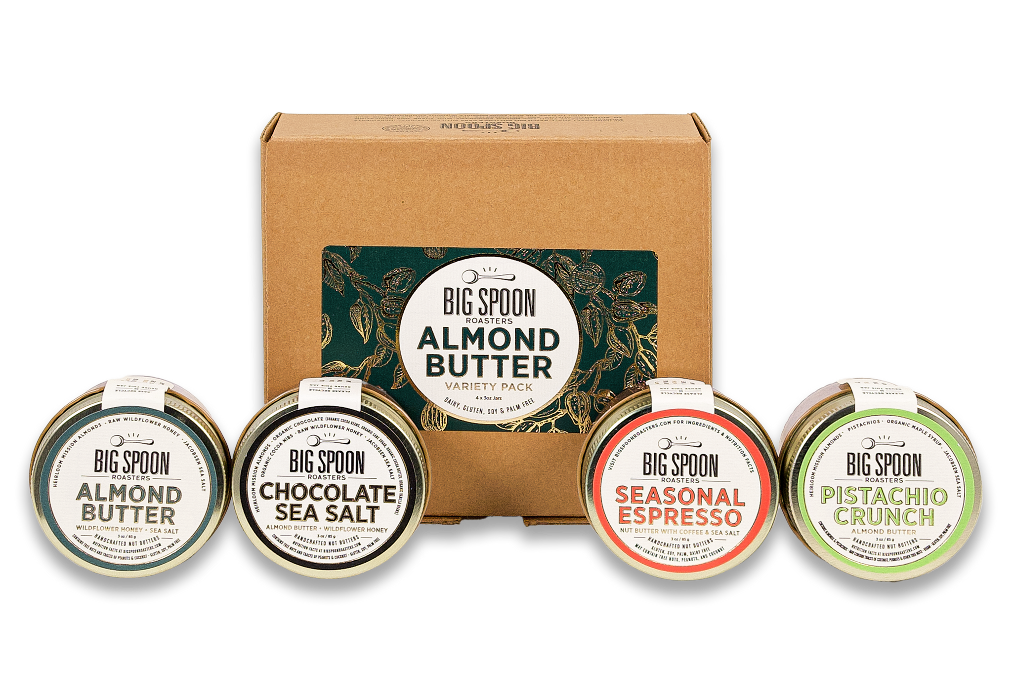 Gift box of 3oz jars of Almond Butter, Chocolate Sea Salt, Pistachio Crunch, and Seasonal Espresso