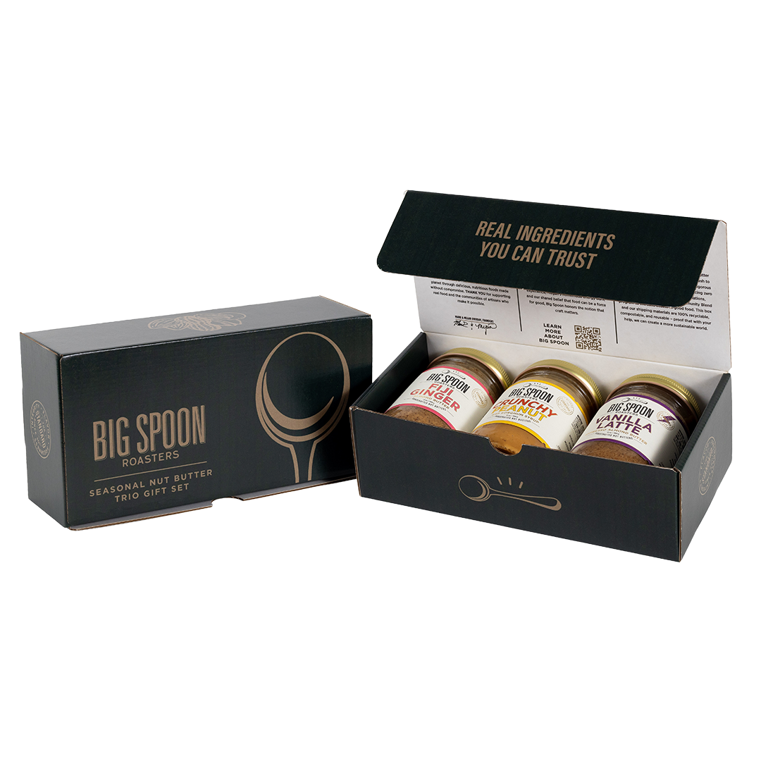 Three jars of nut butter in dark green gift box, Big Spoon Roaster's Seasonal Nut Butter Trio