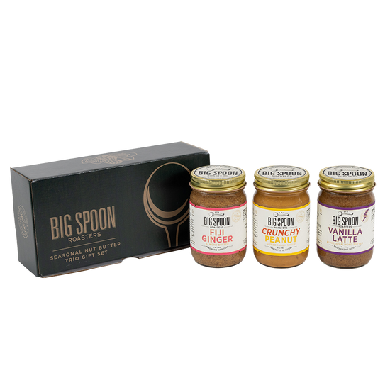 Big Spoon Roasters dark green gift box with three jars of nut butter