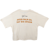 back of a beige tee reading "avoid palm oil, eat big spoon"
