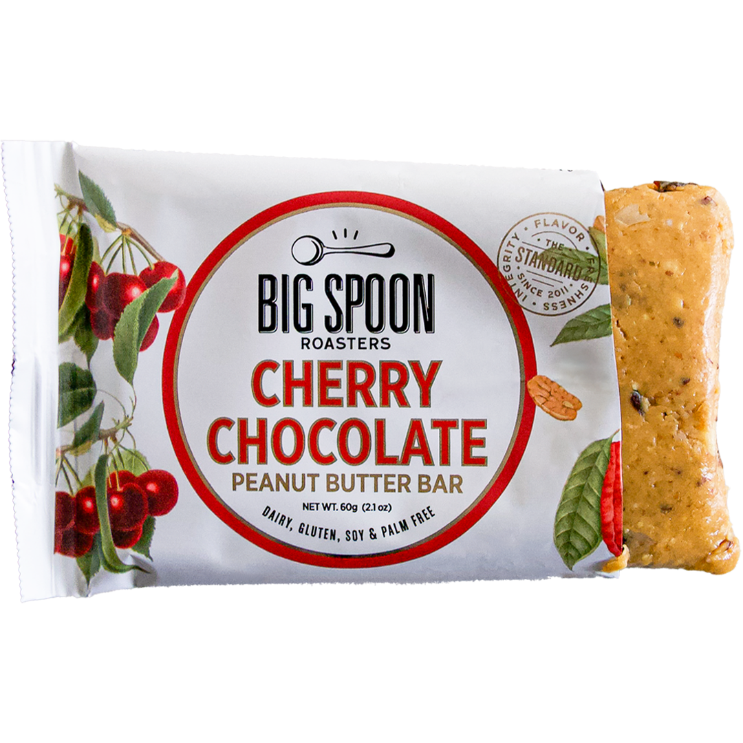 Cherry Chocolate Peanut Butter Bar with package opened on one side