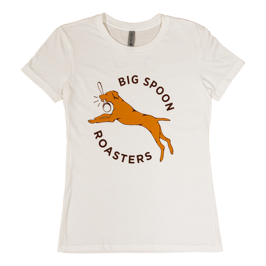 Women's cut Big Spoon Roasters shirt with dog leaping with spoon in mouth