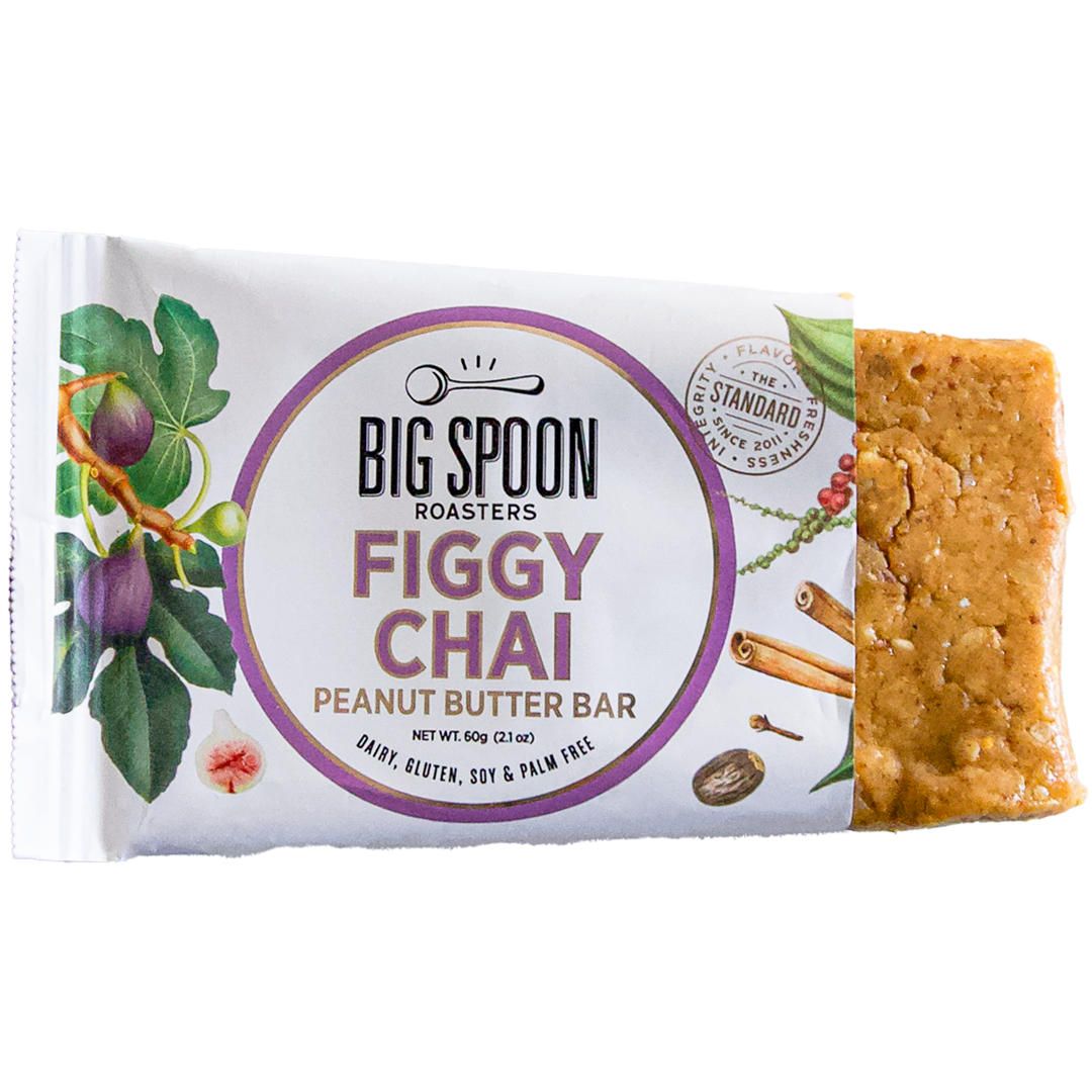 Figgy Chai Peanut Butter Bar package, with side open showing bar